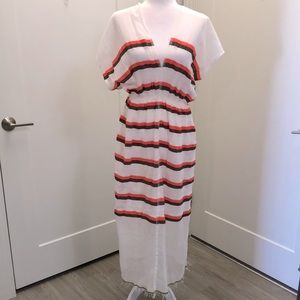LemLem beach coverup white gauze with orange and grown stripe. Size M